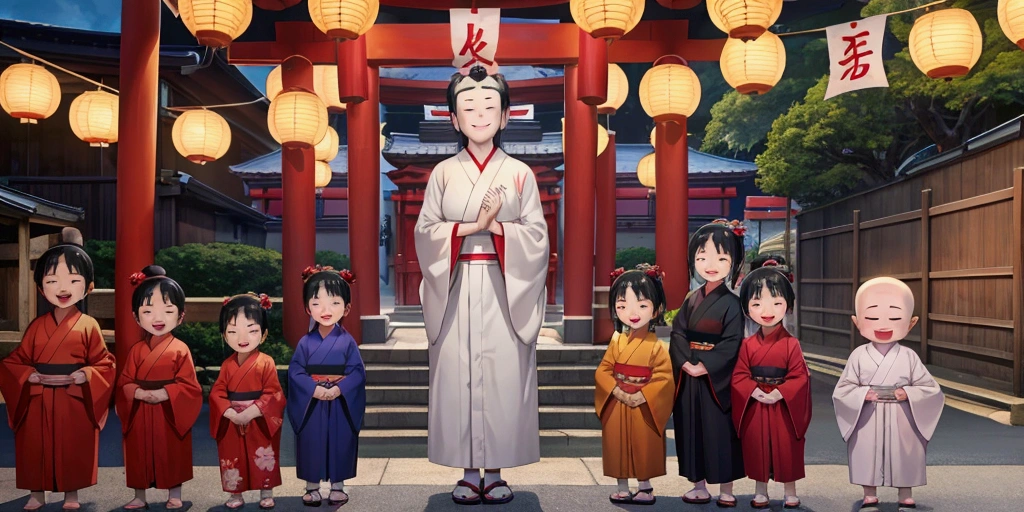 Jizo Bon、Japan、A large group of human children standing in front of a cute Jizo statue、Laughing kids、Wearing a yukata