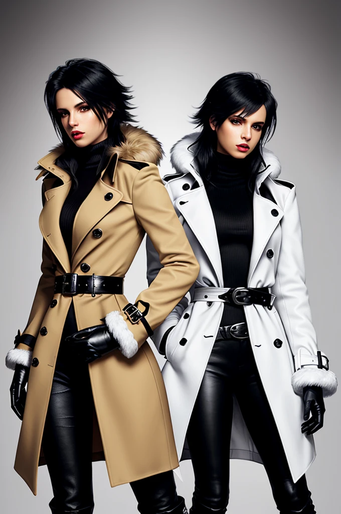 Final fantasy taste and reality graphics, Japanese young cute and cool ikemen boy and cute and beauty girl,,boy and girl couple, both age is early 20s,both thin eyebrows and beady eyes, girl is black long hair, boy wearing orange beige color double brest very thick trench coat, with a black color neck fur.,neck fur is black color, must black neck fur,
Must tighten your belt of coat, with epaulet, must close the front of the trench coat,, must trench coat cloth the front, also wearing black very thick turtleneck lackluster shirts, tight black leather pants, shiny black leather tight and must put on a thin leather glove both hands, black leather knee-high raceup boots,
Girl wearing white color double brest very thick long coat,Must tighten your belt of coat, must trench coat cloth the front, also wearing black very thick turtleneck lackluster shirts, tight black leather pants, shiny black leather tight and must put on a thin leather glove both hands, black leather knee-high raceup boots,must views head-to-toe,must views whole body, boy and girl looks like fashion model,Do not show skin from the neck down,leather glove and leather pants have few wrinkles, in the room,,Avoid showing your innerwear,must close coats waist belt.