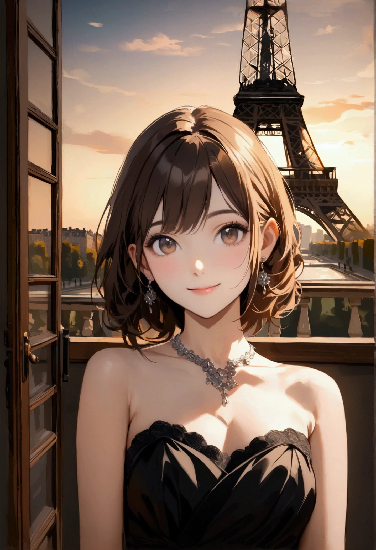 Photo of one beautiful girl, 23 years old , Porter is an evening dress , Brown Hair ,In France with the Eiffel Tower , Portrait Photography, smile, Look at the camera , Great lighting, grow, (Deep valley), photo shoot, Oil painting, (Head'artwork), Highest quality, High resolution, Highly detailed background, Poreted skin, , Cinema lighting completed