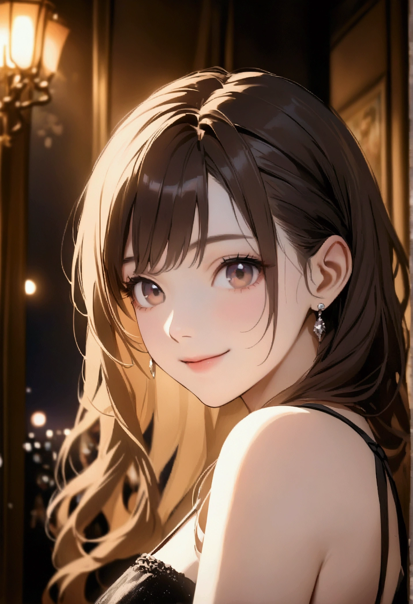 Photo of one beautiful girl, 23 years old , Porter is an evening dress , Brown Hair ,In France with the Eiffel Tower , Portrait Photography, smile, Look at the camera , Great lighting, grow, (Deep valley), photo shoot, Oil painting, (Head'artwork), Highest quality, High resolution, Highly detailed background, Poreted skin, , Cinema lighting completed