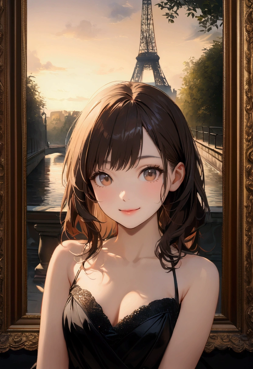 Photo of one beautiful girl, 23 years old , Porter is an evening dress , Brown Hair ,In France with the Eiffel Tower , Portrait Photography, smile, Look at the camera , Great lighting, grow, (Deep valley), photo shoot, Oil painting, (Head'artwork), Highest quality, High resolution, Highly detailed background, Poreted skin, , Cinema lighting completed