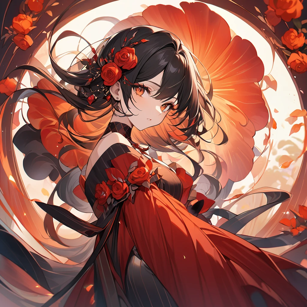 A mesmerizing animated portrait features a captivating female character with cascading wavy black hair, artfully accented by a vibrant red rose delicately placed in her hair. She wears a dark, elegant gown that flows gracefully around her, exuding a serene and enchanting aura. The background is a mesmerizing blend of vertical stripes in warm reds and oranges, creating a harmonious atmosphere of tranquility and allure. The overall composition draws the viewer in, captivating their imagination and stirring their emotions.