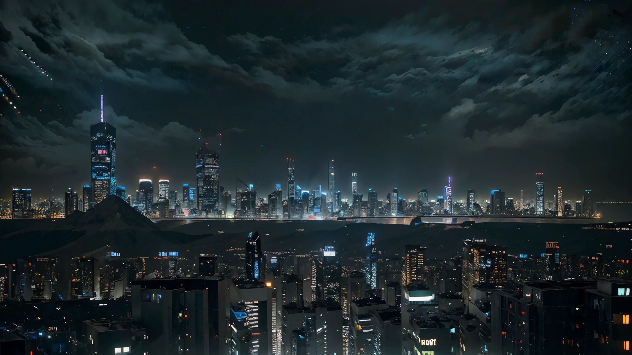 a dark cyberpunk city landscape, intricate futuristic architecture and technology, glowing neon lights, dark blue and black color scheme, futuristic cityscape, high-tech devices, advanced machinery, dramatic lighting, cinematic composition, intricate details, dynamic camera angle, photorealistic, 8k, ultra-detailed, masterpiece, concept art