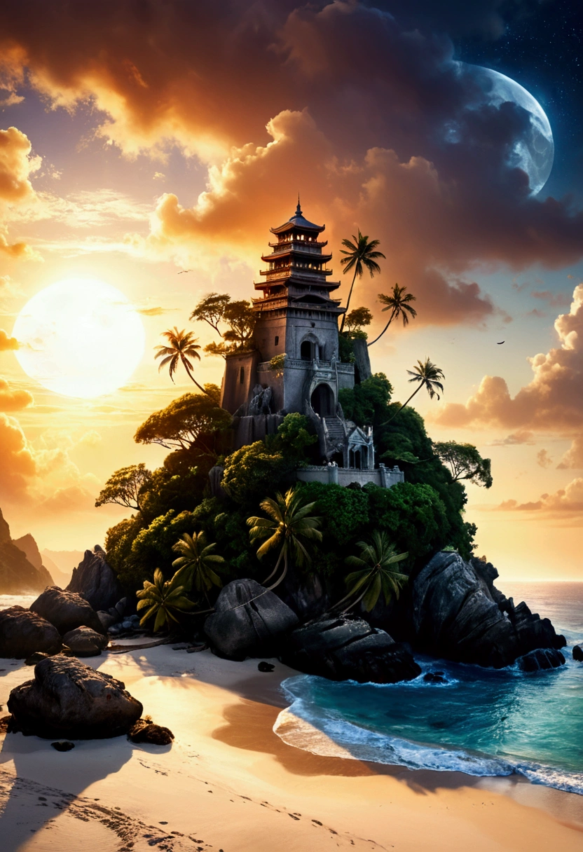 rafed, an oil painting of an island of mystery, an island of enigma, an island of secrecy, there some palm trees, white and red sand, some mist surrounds the island, it is the time between the night an day, the sun is in the horizon and some stars are still in the sky, the ruins of ancient tower are visible, veins crawling on it, dynamic angle, Ultra-high resolution, High Contrast, (masterpiece:1.5), highest quality, Best aesthetics), 16K fantasy art, best details, best quality, highres, ultra wide angle, 16k, [ultra detailed], masterpiece, best quality, (extremely detailed), 