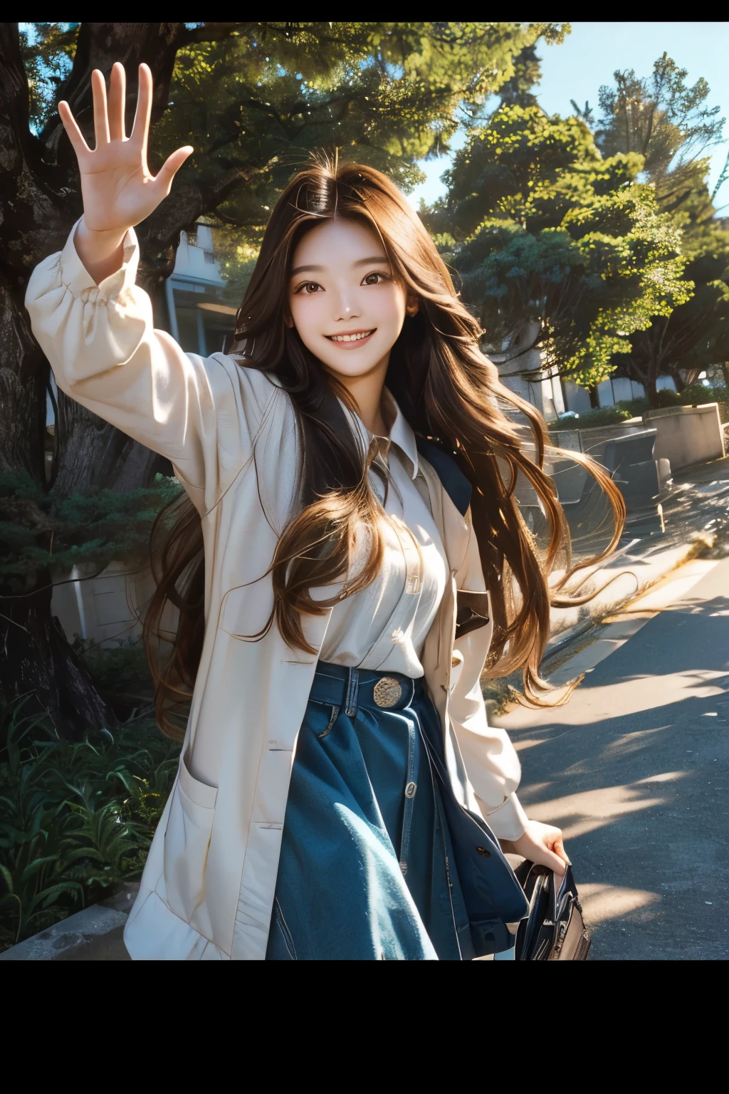Close up of person holding camera and standing near tree, with long hair, waving at the camera, long hair girl, waving hands and smiling, Long hair wind, Twice's Tzuyu, dancing in the background, wave one's hand at the camera, she has a cute face, attractive pose, very beautiful cute cat girl, waist long hair
