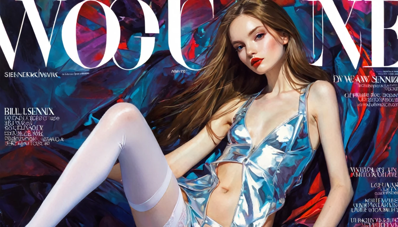 1 girl , 19 years, , skinny, Russian Vogue cover , fashion magazine quality photo , pale skin , long brown hair, photorealistic, adorable perfect face, all parts perfect anatomy, during a photoshoot , music festival, photorealism, ultrarealistic, , toplessgirl, , 8k quality , white stockings, shiny skin,(art inspired by Bill Sienkiewicz). oil painting)