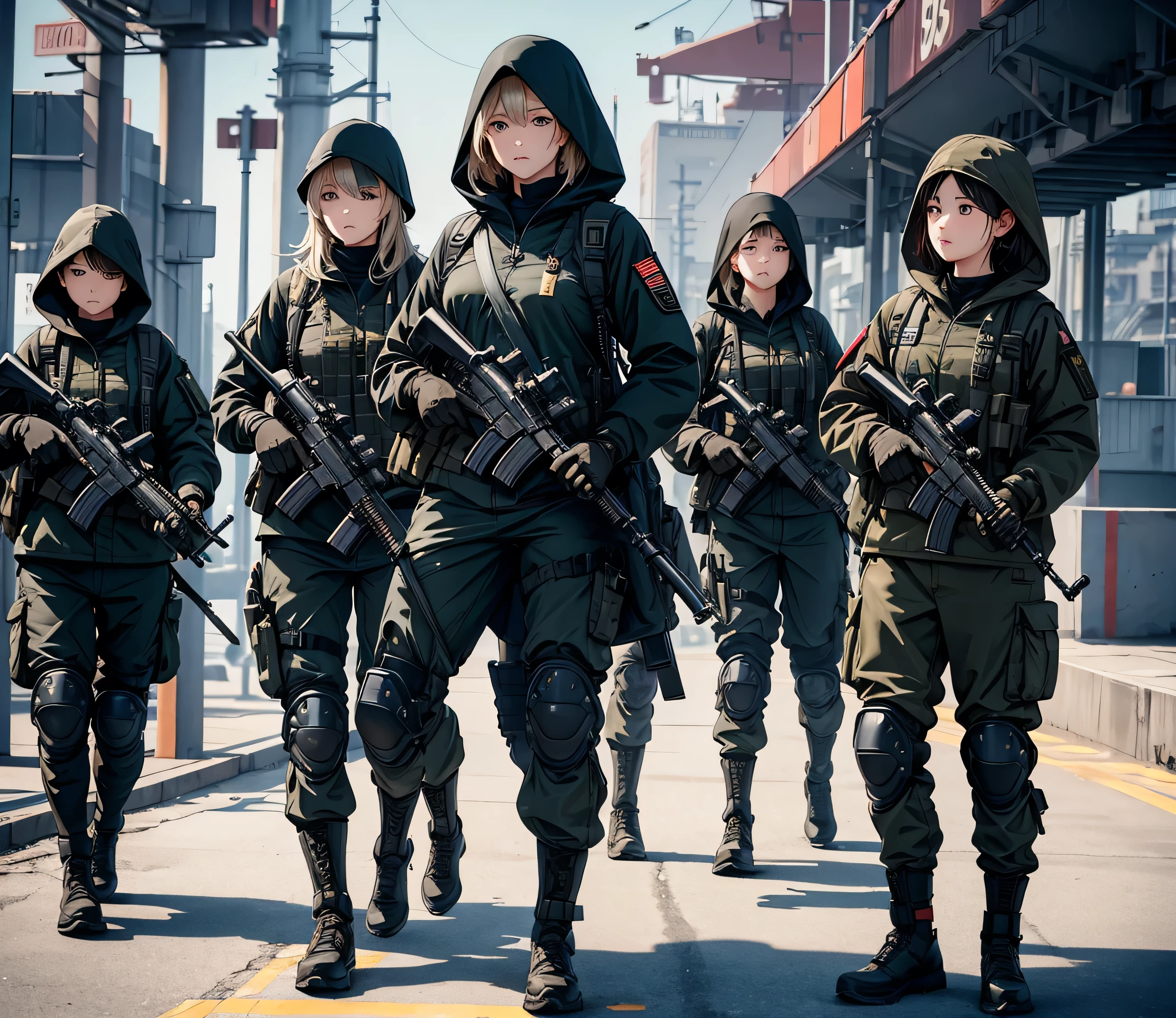 A group of female soldiers with guns,All wear black M-51 hooded military uniforms、Hooded on head、Magazine Pouch、Military Pants、Knee pads,At the port terminal,Write details、masterpiece、best quality、Highly detailed CG、8K picture quality