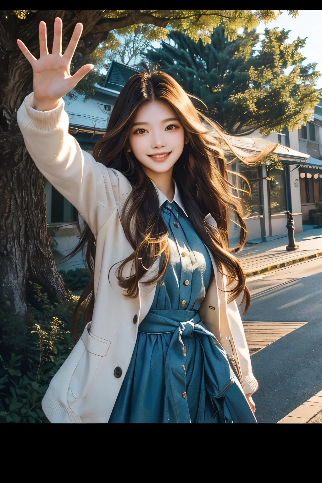 Close up of person holding camera and standing near tree, with long hair, waving at the camera, long hair girl, waving hands and smiling, Long hair wind, Twice's Tzuyu, dancing in the background, wave one's hand at the camera, she has a cute face, attractive pose, very beautiful cute cat girl, waist long hair