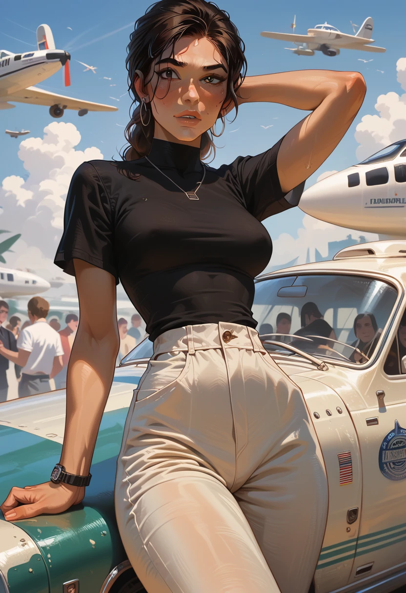 Lara Croft, average breasts, detailing face, detailing body, black shirt white pants, detailing face, fun, private jet, a party on a plane, crowd, alcohol