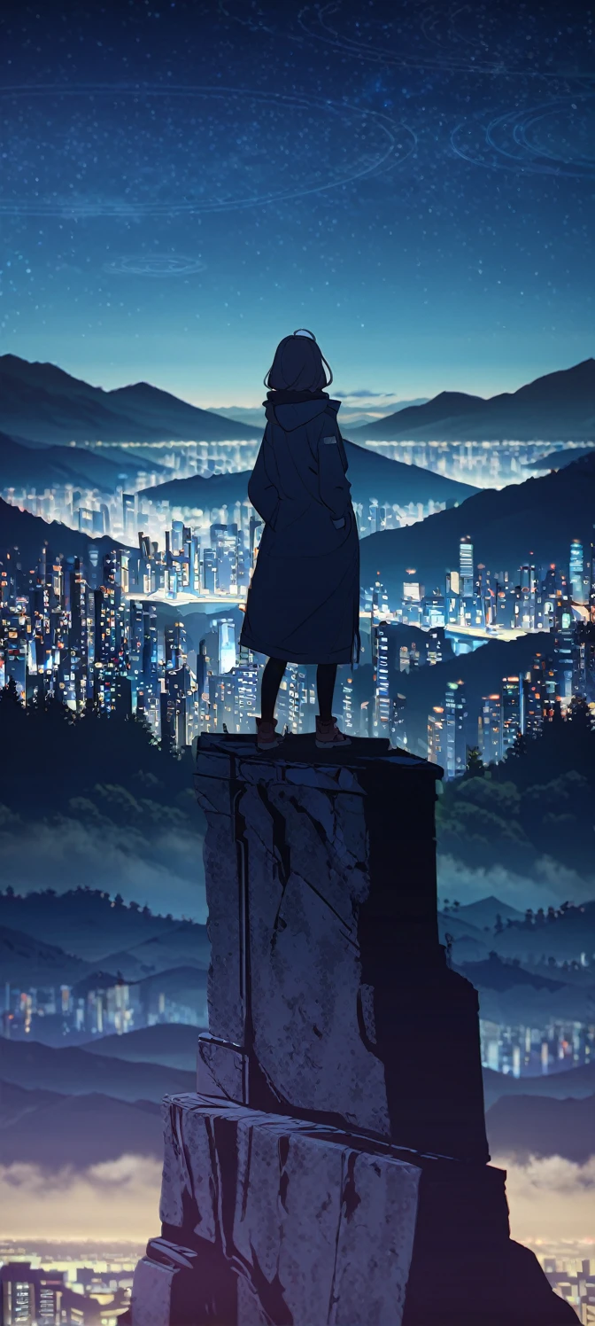 A girl with her hands in her pockets looking towards the me standing on the ledge of a mountain with a city in the background at night time