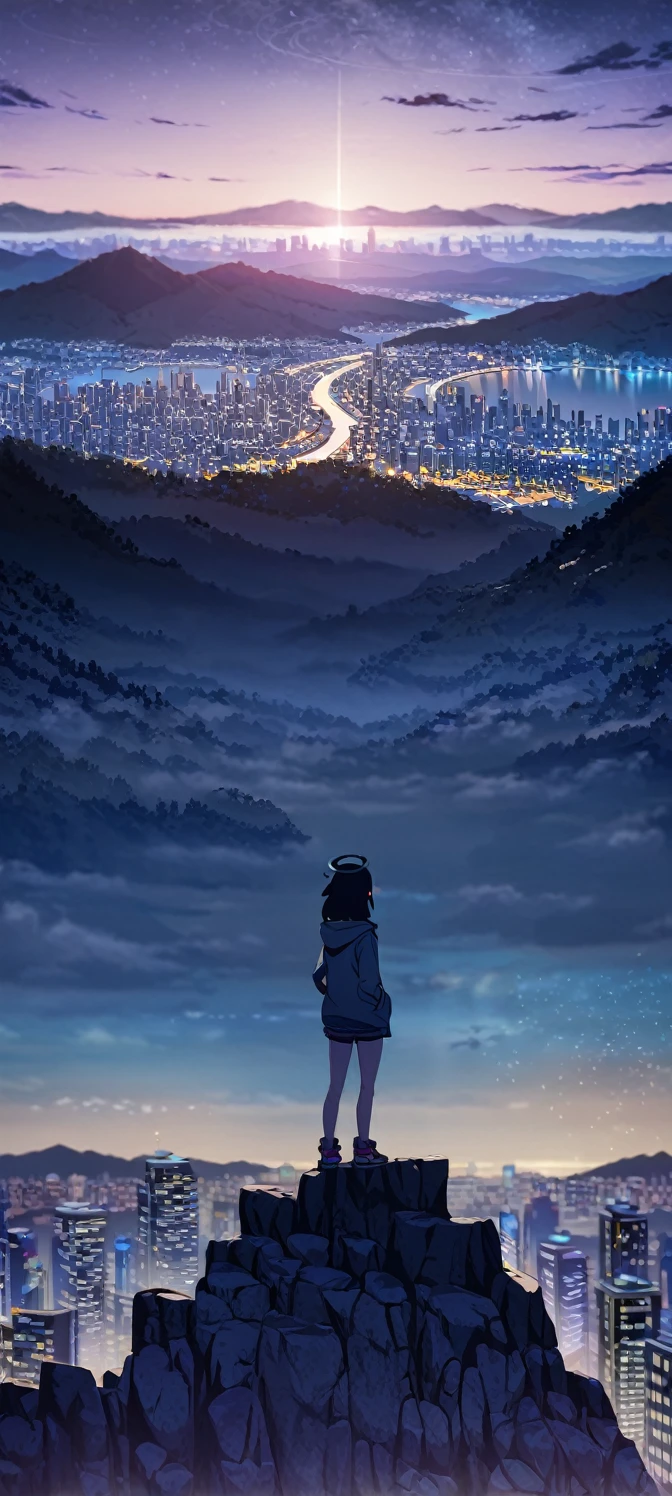 A girl with her hands in her pockets looking towards the me standing on the ledge of a mountain with a city in the background at night time