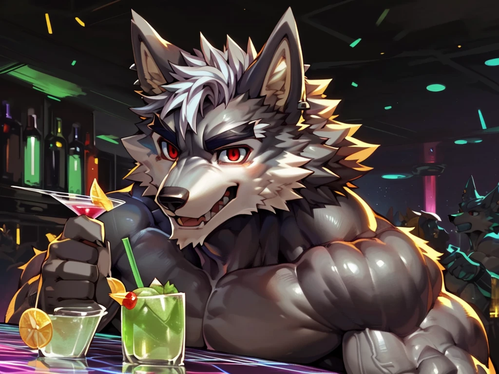 bartender making a drink at a bar , bartending, ((trending on E621, trending on Furaffinity digital media, trending on Artstation, trending on twitter , digital painting, digital media, digital paint, digital illustration, (((masterpiece))) BREAK ((by vorusuarts, by kuroma, by nullghost, by raccoon21,by rabbity,by booboo)) , BREAK ((((((anthro, anthrofield, wolf)))))) | break | handsomeface,((((((elderlyface)))))), age_up_face , (((wildface)))))))), ((((((((charming)))))))) BREAK (((((hypermuscle:1.4)))))))), (((detailed eyes,red_eyes:1.8))) | (((gray fur | finger claw | )))) | (((((((( gray hair | black eyebrow | short hair | black goatee hair | spiky_black_Ear_piercing))))))))) | BREAK (((((thick eyebrows))))) | BREAK (best quality | 8k | hi-res)) BREAK (((perfect face))) , BREAK ((((((cocktail_shaker)))))),((((((cocktail_shaking)))))),((((((nightclub_background)))) | BREAK ((Solo:1.8))