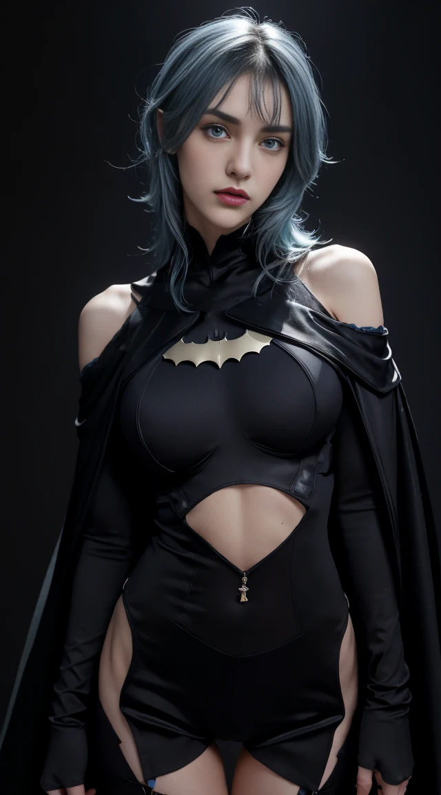 8K, Top Quality, Intricate Details, Ultra Detail, Ultra High Resolution, Masterpiece, close up shot, (full body: 1.1), Slender, Smile, (Makeup: 0.4), (Fluffy blue Eyes: 1.21), (()), 1girl, solo, 1 girl, ((blue hair, bangs)), close up shot, , ((tall)), (((fit body))), (((slim face))), sharp face, (()) ,(detailed face), sharp face, small lips, , , ,
((, )), , ((batman suit, batman mask, black cape)), detailed face, detailed breast, , ((large breast, huge , , Narrow Waist, Skinny, tall , 190 cm tall, Muscular, Navel, Exposed Abdomen, Pointed Chest,, Beautiful girl with accentuated slender abs: 1.4, Six Pack Abs: 1.4, Bust Botox, Big, Perfect Body, detail leg, (( dark background)), black background,