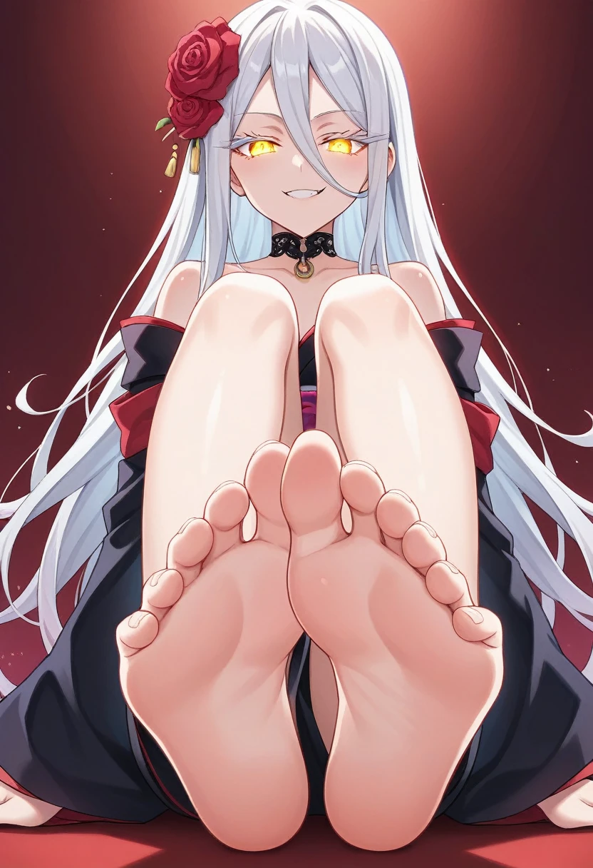 score_9,score_8_up,score_7_up, score_6_up, source_anime, 1boy, sitting on the floor and showing his feet, (pov from below:1.3), micro POV, stepping on viewer, foot focus, both detailed feet, five toes, BREAK anime, best quality, official art, anime keyvisual, anime screencap, smile, vampire, masterpiece, best quality, Cinematic, Fancy effects, Intricate details, white hair, long hair, shiny hair, shiny skin, detailed eyes, hd eyes, beautiful eyes, gothic, hair between eyes, layered clothes, kimono, yellow eyes, looking at viewer, highly detailed eyes, dramatic lighting, fluffy hair, dark magic background, shadow background, crimson background, glowing eyes, smug face, eyelashes, white eyelashes, hair flower, red flowers in hair, collar, shiny feet, collarbone,