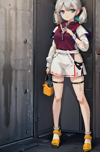 A Female mature robot loves herself. she wears nothing. Her Brown very short pigtails is tied with two big red clothespins, mature, android, blue eyes, full body, Height: 160cm, flushed cheeks, sweat bucket. full body shot, looking straight. Her smile is complete.