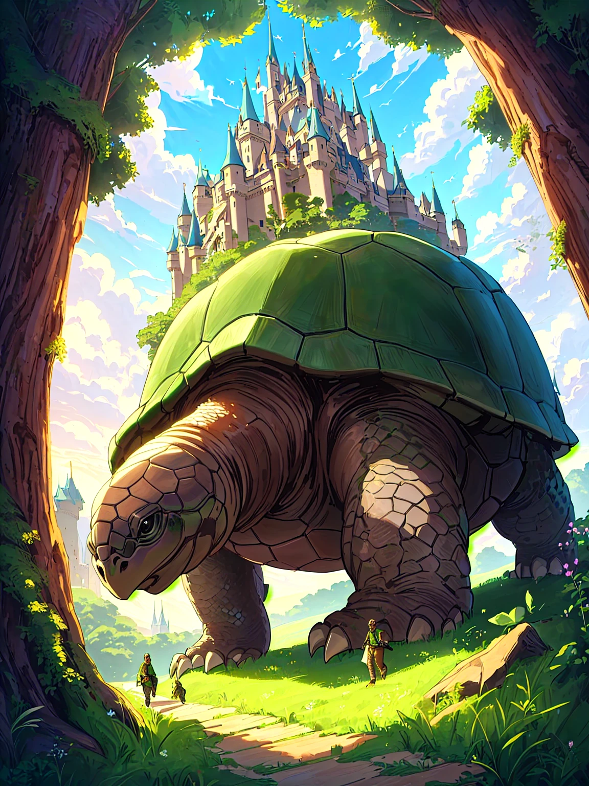 there is a turtle that is walking in the grass near a castle, gigantic castle, humanoid turtle monster, isometric 3d fantasy turtle, anthropomorphic turtle, as an anthropomorphic turtle, an anthropomorphic turtle, realistic fantasy illustration, anthropomorphic turtle hero, giant snake castle, detailed fantasy illustration