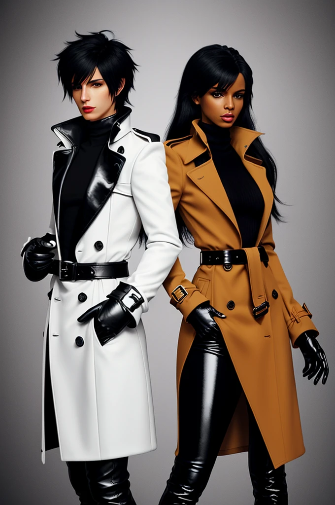 Final fantasy taste and reality graphics, Japanese young cute and cool ikemen boy and cute and beauty girl,,boy and girl couple, both age is early 20s,both thin eyebrows and beady eyes, girl is black long hair, boy wearing orange beige color double brest very thick trench coat, with a black color neck fur.,neck fur is black color, must black neck fur,
Must tighten your belt of coat, with epaulet, must close the front of the trench coat,, must trench coat cloth the front, also wearing black very thick turtleneck lackluster shirts, tight black leather pants, shiny black leather tight and must put on a thin leather glove both hands, black leather knee-high raceup boots,
Girl wearing white color double brest very thick long coat,Must tighten your belt of coat, must trench coat cloth the front, also wearing black very thick turtleneck lackluster shirts, tight black leather pants, shiny black leather tight and must put on a thin leather glove both hands, black leather knee-high raceup boots,must views head-to-toe,must views whole body, boy and girl looks like fashion model,Do not show skin from the neck down,leather glove and leather pants have few wrinkles, in the room,,Avoid showing your innerwear,must close coats waist belt.