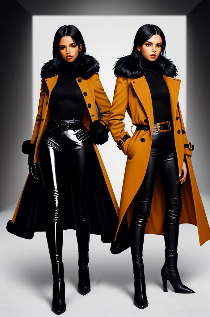 Final fantasy taste and reality graphics, Japanese young cute and cool ikemen  boy and cute and beauty girl,,boy and girl couple, both age is early 20s,both thin eyebrows and beady eyes, girl is black long hair, boy wearing orange beige color double brest very thick trench coat, with a black color neck fur.,neck fur is black color, must black neck fur,
Must tighten your belt of coat, with epaulet, must close the front of the trench coat,, must trench coat cloth the front, also wearing black very thick turtleneck lackluster shirts,  tight black leather pants, shiny black leather tight and must put on a thin leather glove both hands, black leather knee-high raceup boots,

Girl wearing white color double brest very thick long coat,Must tighten your belt of coat, must trench coat cloth the front, also wearing black very thick turtleneck lackluster shirts,  tight black leather pants, shiny black leather tight and must put on a thin leather glove both hands, black leather knee-high raceup boots,must views  head-to-toe,must views whole body, boy and girl looks like fashion model,Do not show skin from the neck down,leather glove and leather pants have few wrinkles, in the room,,Avoid showing your innerwear,must close coats waist belt.