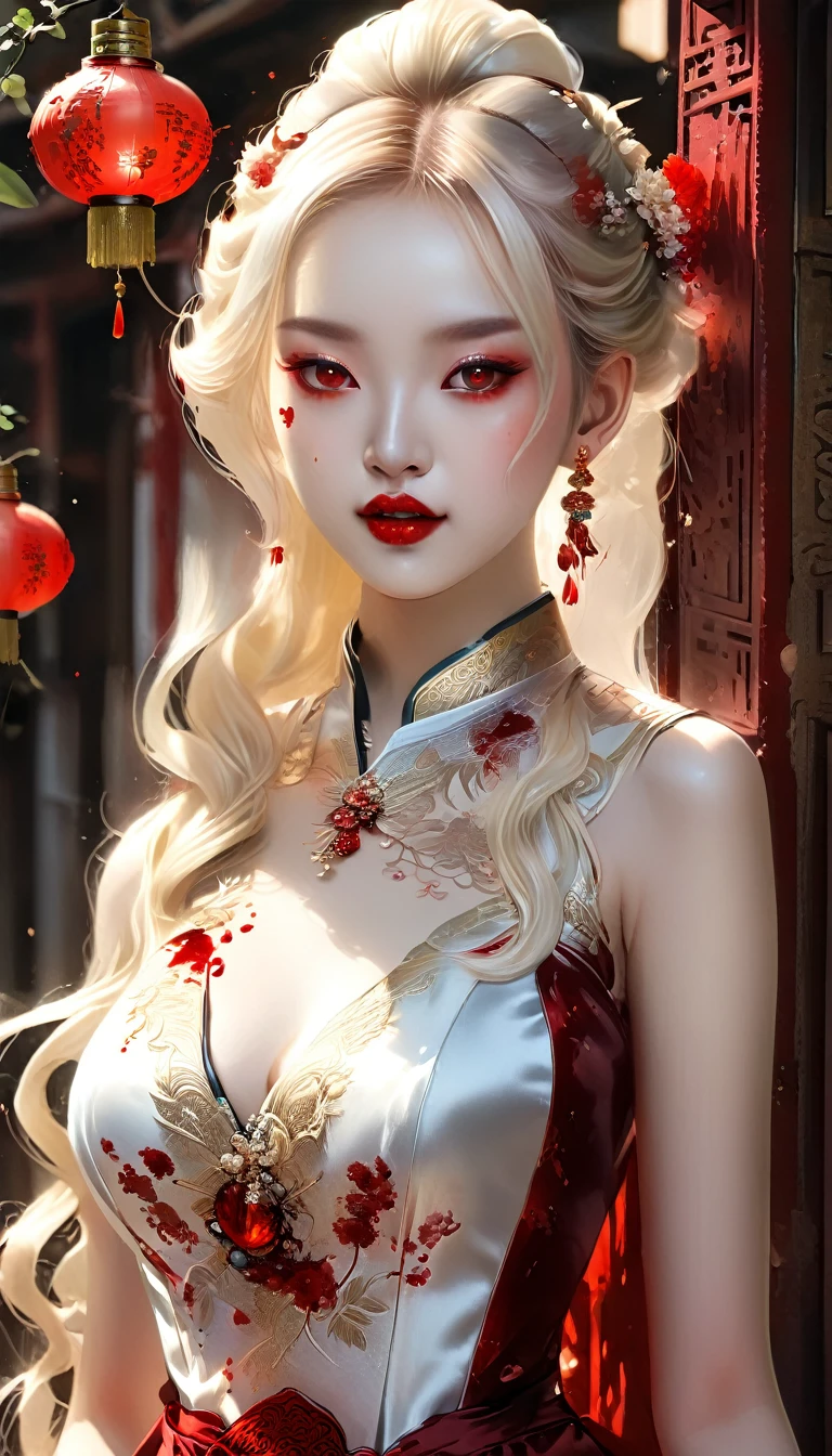 a beautiful female vampire wearing a ((blood stained: 1.5) white Cheongsam: 1.5), an extremely beautiful female vampire, ultra detailed face, blond hair, long hair, wavy hair, dark glamour make up, pale skin, red lips, (glowing red eyes: 1.2), visible (vampiric fangs: 1.2), she wears a ((blood stained white Cheongsam: 1.5)), elegant, intricate detailed Cheongsam, silk Cheongsam, small cleavage, ((Cheongsam is decorated with gems: 1.3)), she wears elegant knee high heeled boots, exquisite knee high heeled boots, there are stains of blood on the upper part of the dress, dynamic background, best details, best quality, highres, ultra wide angle, 16k, [ultra detailed], masterpiece, best quality, (extremely detailed), full body, ultra wide shot, photorealistic, fantasy art, dnd art, rpg art, realistic art, dark novel, Dark Art Painting Style, ral-ntrgmstn