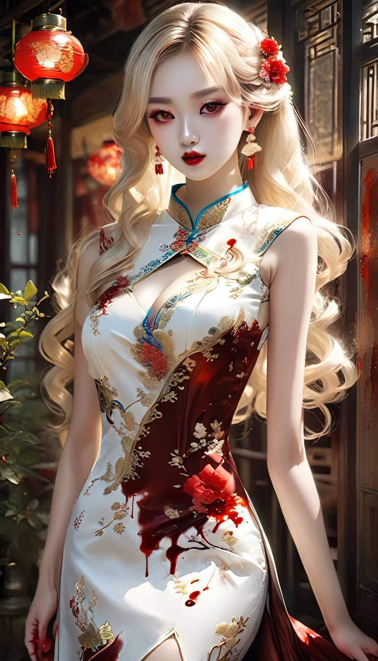 a beautiful female vampire wearing a ((blood stained: 1.5) white Cheongsam: 1.5), an extremely beautiful female vampire, ultra detailed face, blond hair, long hair, wavy hair, dark glamour make up, pale skin, red lips, (glowing red eyes: 1.2), visible (vampiric fangs: 1.2), she wears a ((blood stained white Cheongsam: 1.5)), elegant, intricate detailed Cheongsam, silk Cheongsam, small cleavage, ((Cheongsam is decorated with gems: 1.3)), she wears elegant knee high heeled boots, exquisite knee high heeled boots, there are stains of blood on the upper part of the dress, dynamic background, best details, best quality, highres, ultra wide angle, 16k, [ultra detailed], masterpiece, best quality, (extremely detailed), full body, ultra wide shot, photorealistic, fantasy art, dnd art, rpg art, realistic art, dark novel, Dark Art Painting Style, ral-ntrgmstn