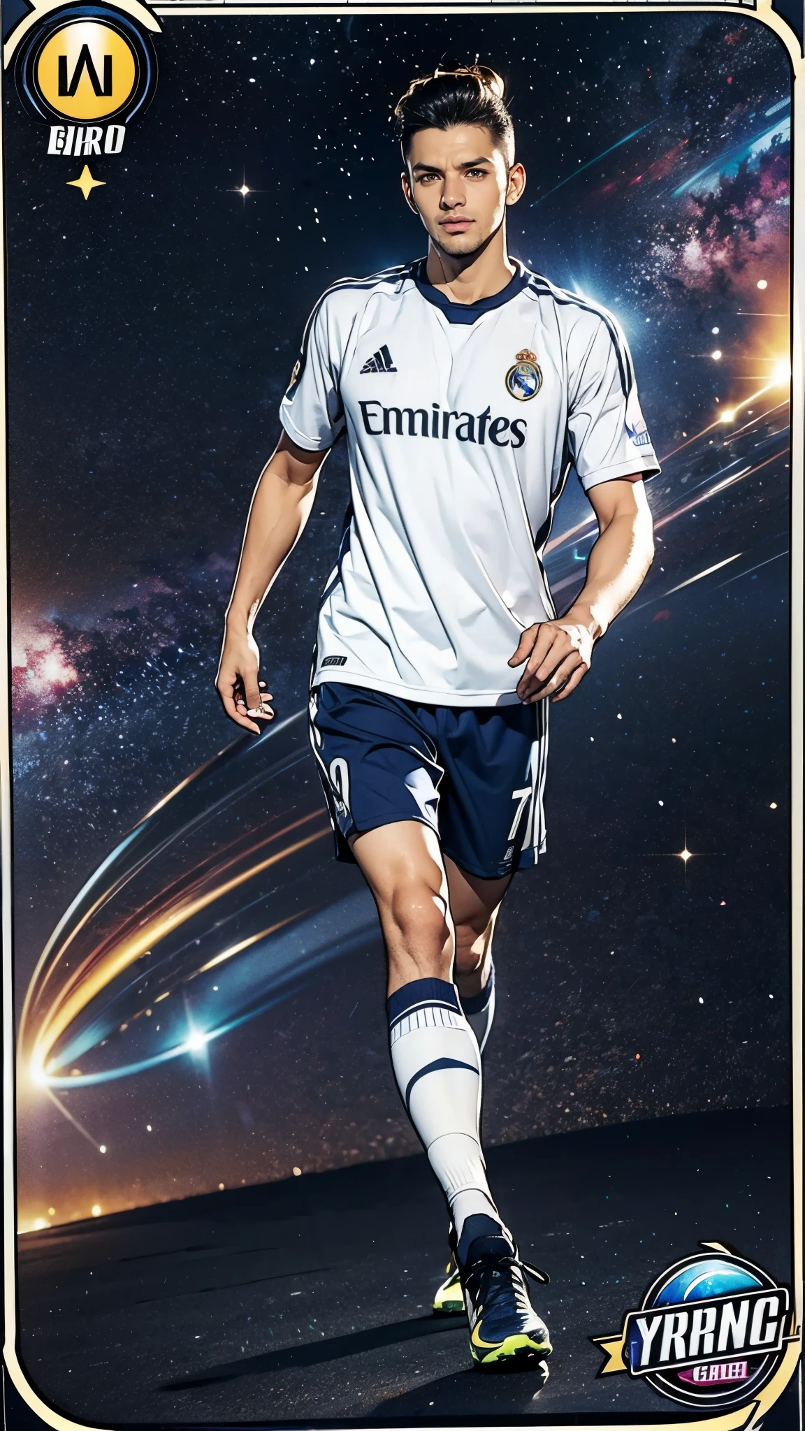 (masterpiece:1.2, Highest quality),(Super detailed),(Highest quality),(High resolution),(Photorealistic Stick),(RAW Photos),8k,wallpaper,(male:1.5),(Soccer Player Trading Cards),(((Beautiful trading cards))),((Special trading cards)),((Upper Deck-inspired design)),(Real Madrid shirt),(Soccer Shoes),(((front))),(((whole body:1.5))),(Serious),((Detailed hands)),(((dynamic))),((The background is the galaxy))