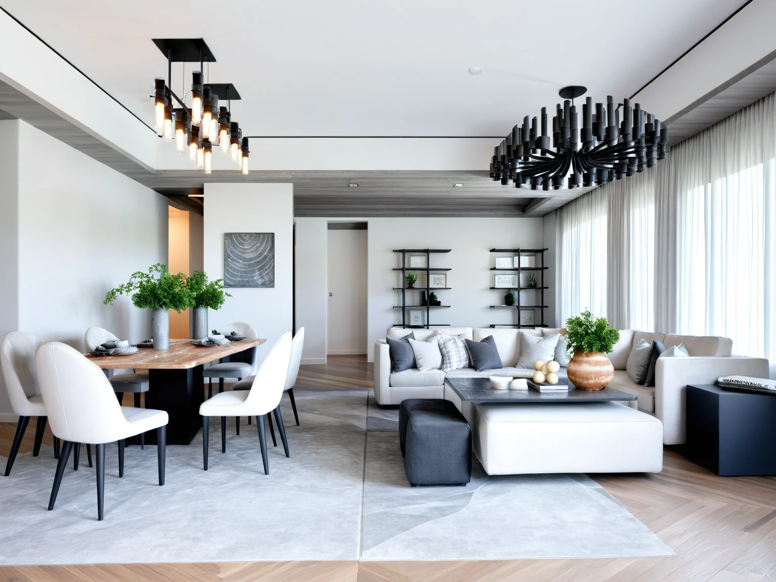 Raw photo, Masterpiece, high quality, best quality, authentic, super detail,

Modern Minimalist,

Clean lines, functionality, and a focus on negative space define this style, Natural light and uncluttered surfaces create a sense of calm and serenity,
A Neutral palette of white, gray, and black is the foundation, Pops of color can be introduced with artwork, furniture accents, or throw pillows, Consider incorporating natural elements like wood or stone for warmth and texture,
