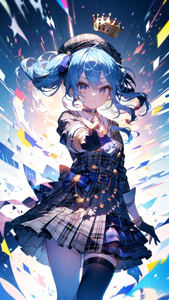 (Ultra-high resolution,masterpiece, Attention to detail, Highest quality), 8k,(sui1, 1girl, 独奏, side ponytail, Hoshimachi Suisei, fingerless gloves, single thighhigh, jewelry, thigh strap, bracelet, buttons, plaid dress, blue choker, blue belt, plaid skirt, mini crown, grey skirt, blue ascot, long sleeves, plaid jacket),(Blessed,Captivating body、Ultra-detailed skin、Super beautiful eyes、Detailed Background),One girl、 (cheerful ,enjoy :1.5),