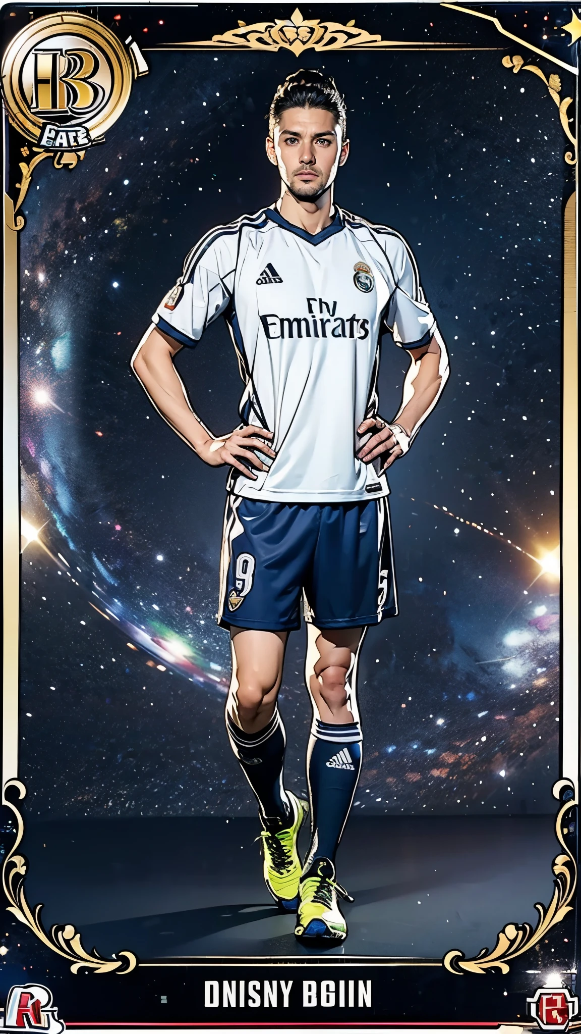 (masterpiece:1.2, Highest quality),(Super detailed),(Highest quality),(High resolution),(Photorealistic Stick),(RAW Photos),8k,wallpaper,(male:1.5),(Soccer Player Trading Cards),(((Beautiful trading cards))),((Special trading cards)),((Upper Deck-inspired design)),(Real Madrid shirt),(Soccer Shoes),(((front))),(((whole body:1.5))),(Serious),((Detailed hands)),(((dynamic))),((The background is the galaxy))