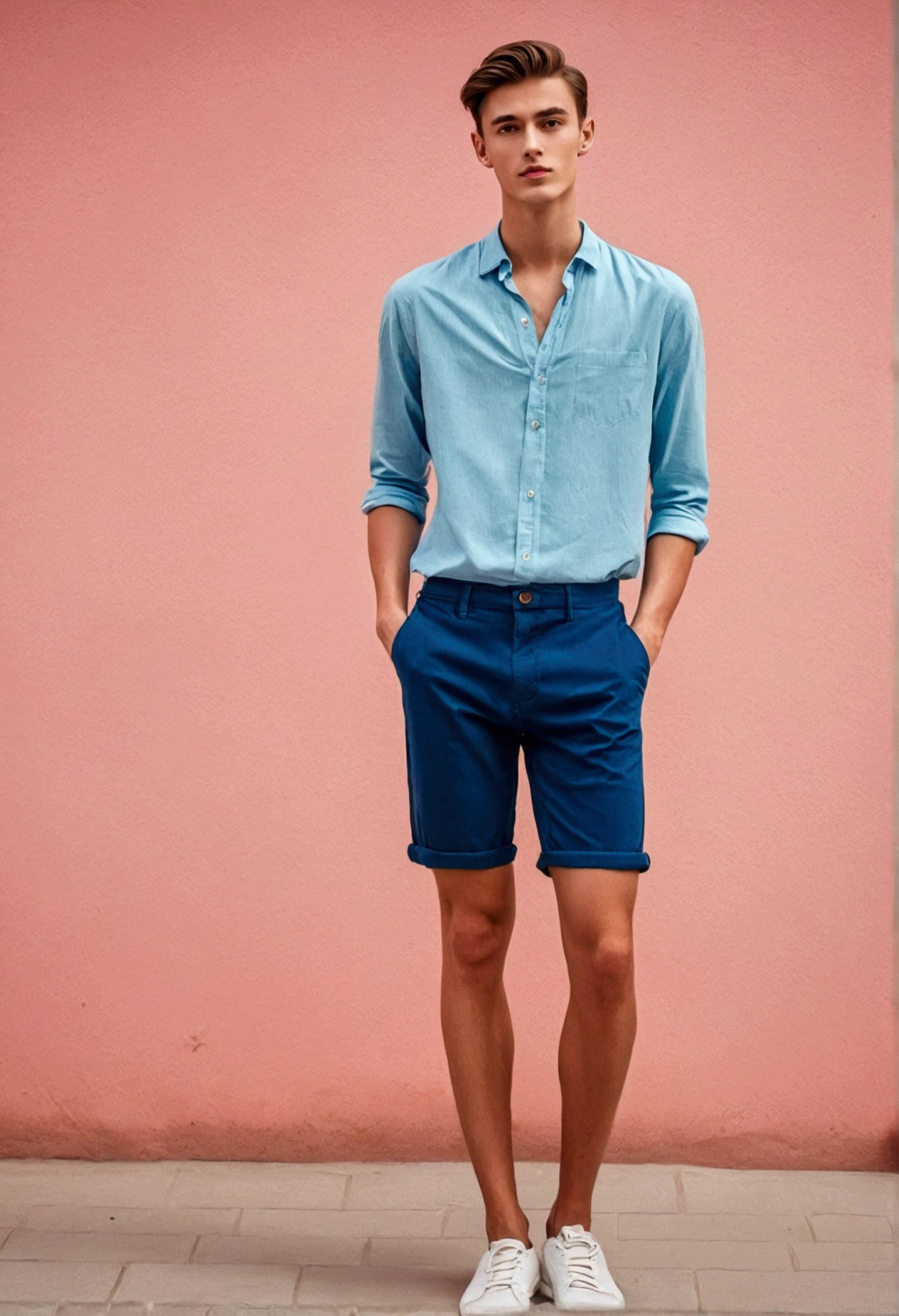 One guy, standing, wearing short, big legs, handsome and young, skinny