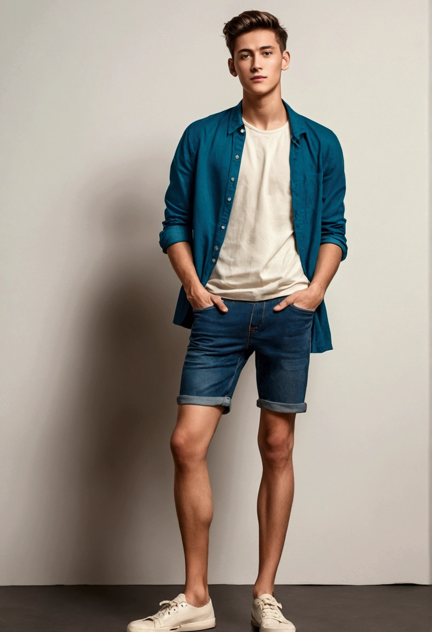 One guy, standing, wearing short, big legs, handsome and young, skinny