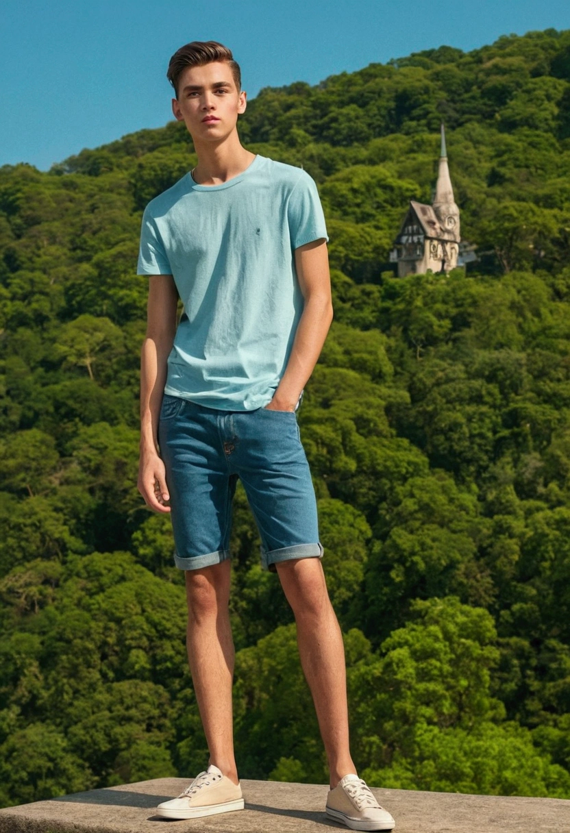 One guy, standing, wearing short, big legs, handsome and young, skinny