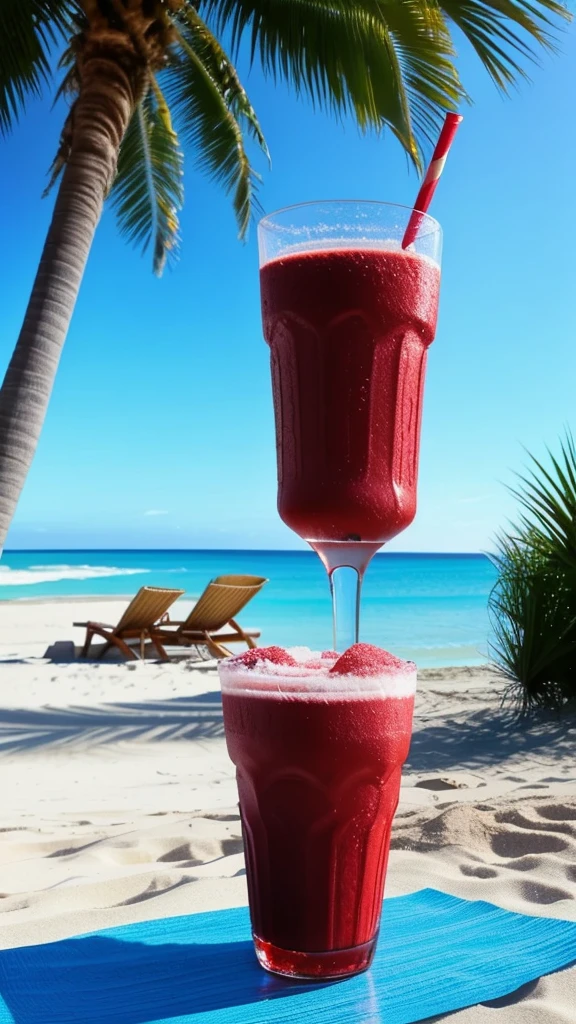 The main subject is a red frozen drink placed on a white sandy beach.、The beautiful blue sea and sky spread out in the background.。This scene is representative of relaxing at a resort or on the beach.。