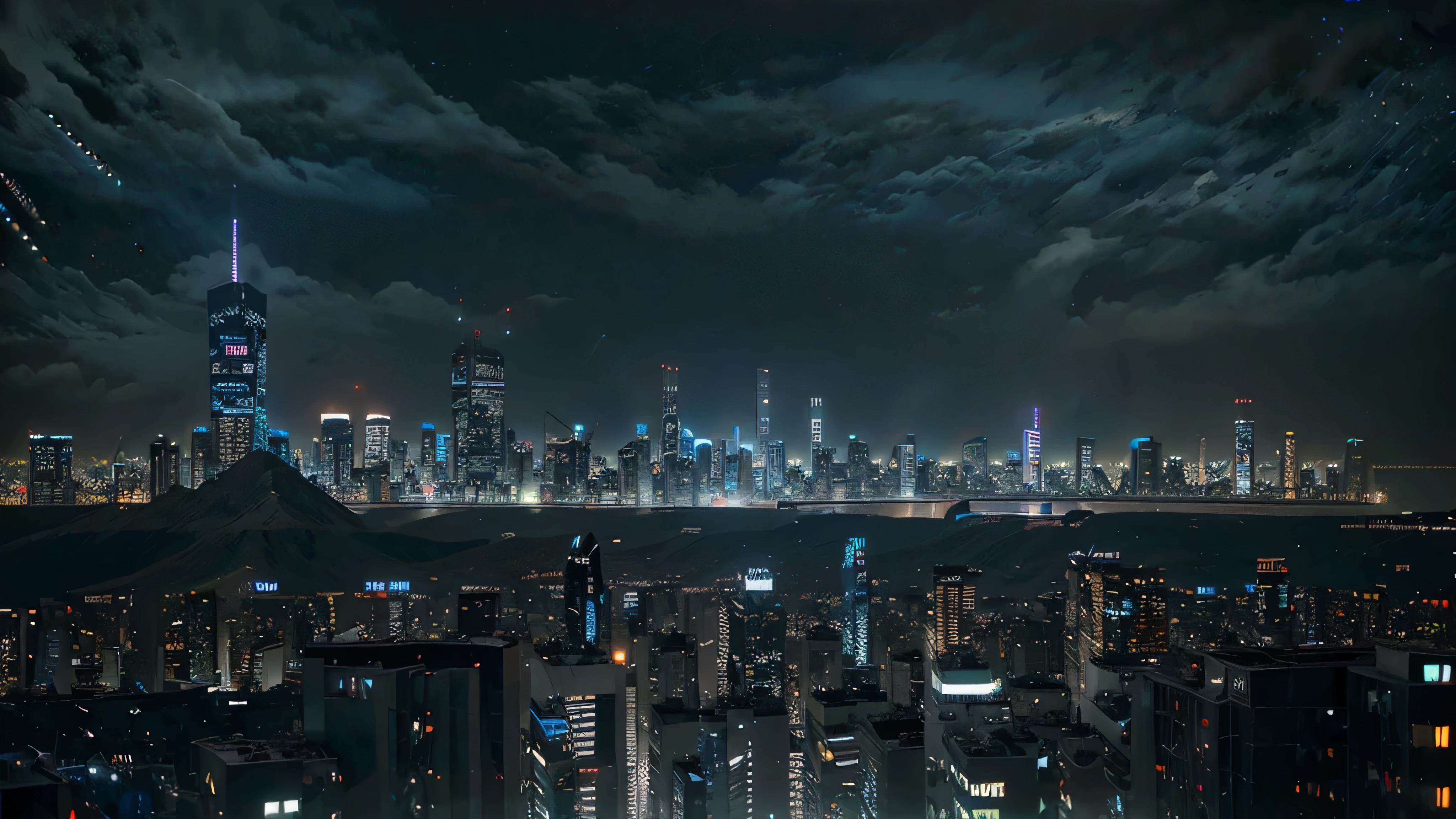 a dark cyberpunk city landscape, intricate futuristic architecture and technology, glowing neon lights, dark blue and black color scheme, futuristic cityscape, high-tech devices, advanced machinery, dramatic lighting, cinematic composition, intricate details, dynamic camera angle, photorealistic, 8k, ultra-detailed, masterpiece, concept art
