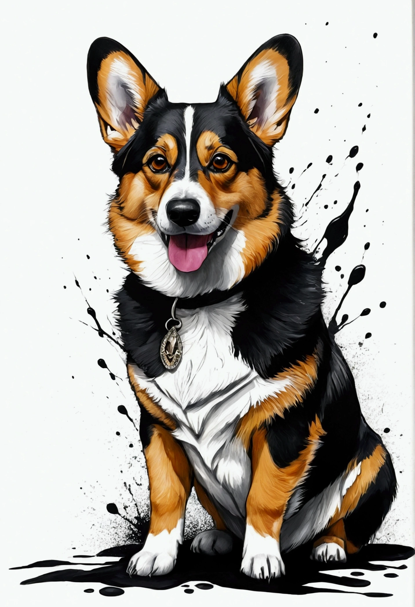 Ink Art (Ink Art),Corgi black native dog mixed breed dog, Short legs,((Black hair all over)),((Dark facial hair)),((Black chest hair)),((White background)), Sharp eyes, Epic Instagram, Art Station, Splash paint style, overview, Too detailed, Intricate details , Unreal Engine, wonderful, Intricate details, Startup Screen, Complementary colors, Fantasy concept art, 8K resolution, DeVian Tate's masterpiece, painting, critical hit, Paint dripping, Ink Art