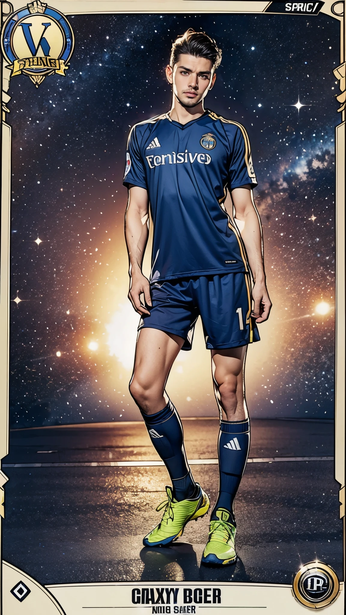 (masterpiece:1.2, Highest quality),(Super detailed),(Highest quality),(High resolution),(Photorealistic Stick),(RAW Photos),8k,wallpaper,(male:1.5),(Soccer Player Trading Cards),(((Beautiful trading cards))),((Special trading cards)),((Upper Deck-inspired design)),(Real Madrid shirt),(Soccer Shoes),(((front))),(((whole body:1.5))),(Serious),((Detailed hands)),(((dynamic))),((The background is the galaxy))