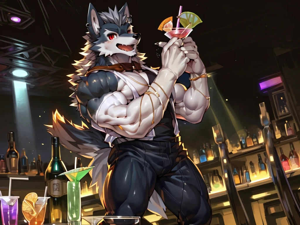 bartender making a drink at a bar , bartending, ((trending on E621, trending on Furaffinity digital media, trending on Artstation, trending on twitter , digital painting, digital media, digital paint, digital illustration, (((masterpiece))) BREAK ((by vorusuarts, by kuroma, by nullghost, by raccoon21,by rabbity,by booboo)) , BREAK ((((((anthro, anthrofield, wolf)))))) | break | handsomeface,((((((elderlyface)))))), age_up_face , (((wildface)))))))), ((((((((charming)))))))) BREAK (((((hypermuscle:1.4)))))))), (((detailed eyes,red_eyes:1.8))) | (((gray fur | finger claw | )))) | (((((((( gray hair | black eyebrow | short hair | black goatee hair | spiky_black_Ear_piercing))))))))) | BREAK (((((thick eyebrows))))) | BREAK (best quality | 8k | hi-res)) BREAK (((perfect face))) , BREAK ((((((cocktail_shaker)))))),((((((cocktail_shaking)))))),((((((nightclub_background)))) | BREAK ((Solo:1.8))