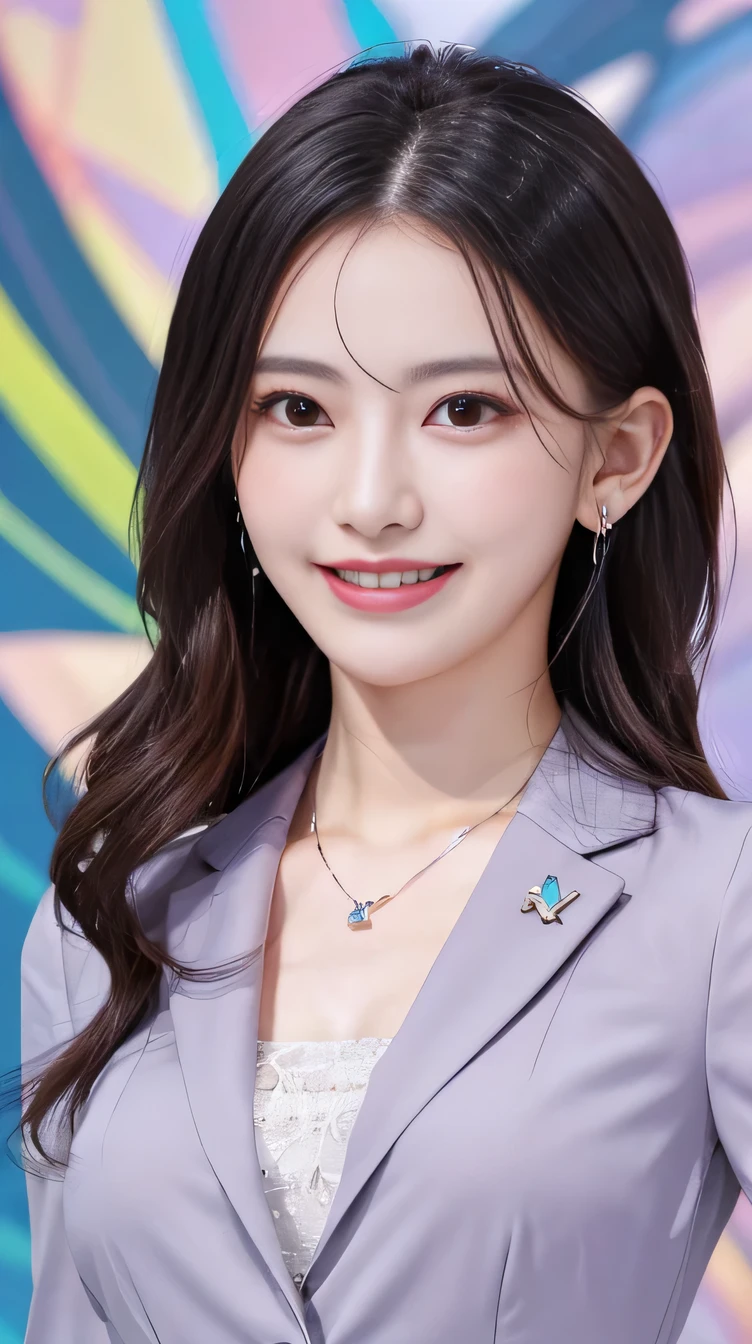 Highest quality:1.2), RAW Photos, High resolution, Very detailed, Intricate details, Wavy Hair、、ear piercing、smile、Beautiful teeth alignment、Black Hair(Front view, ), Clear beauty,(High quality fabric, Office Lady Suits ）、Necklace around the neck、, The background is the office
