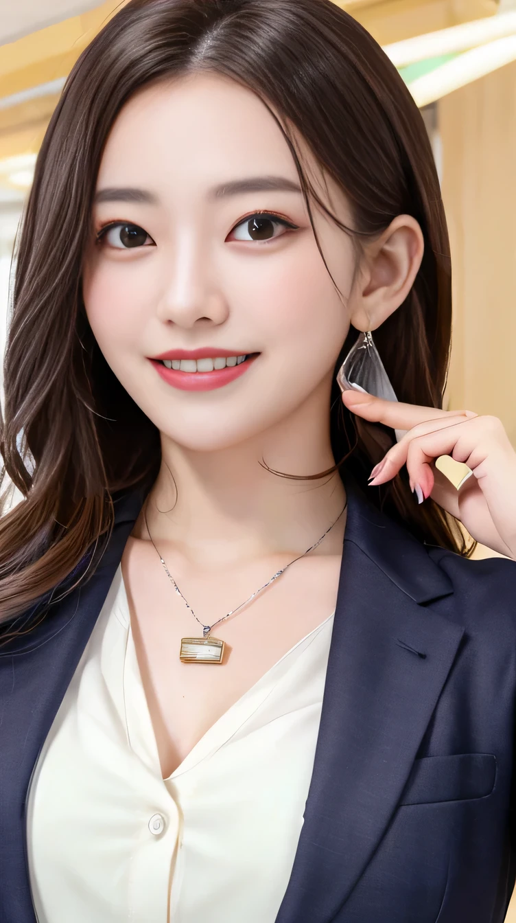 Highest quality:1.2), RAW Photos, High resolution, Very detailed, Intricate details, Wavy Hair、、ear piercing、smile、Beautiful teeth alignment、Black Hair(Front view, ), Clear beauty,(High quality fabric, Office Lady Suits )、Necklace around the neck、, The background is the office