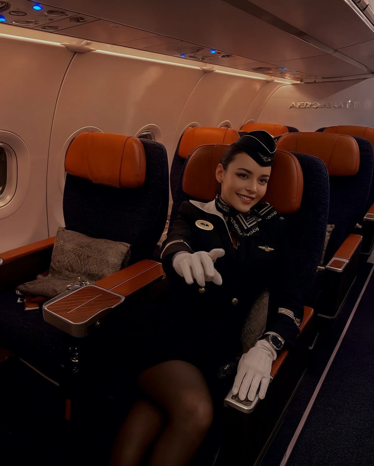 A woman wearing the black Aeroflot uniform