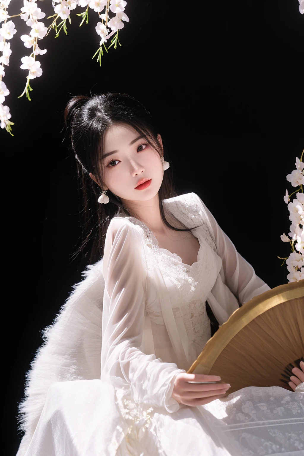 araffe woman in white dress holding a fan and a fan, white hanfu, palace , a girl in hanfu, inspired by Tang Yifen, a stunning young ethereal figure, inspired by Huang Ji, full body xianxia, guweiz, inspired by Qiu Ying, xianxia fantasy, xintong chen, sha xi