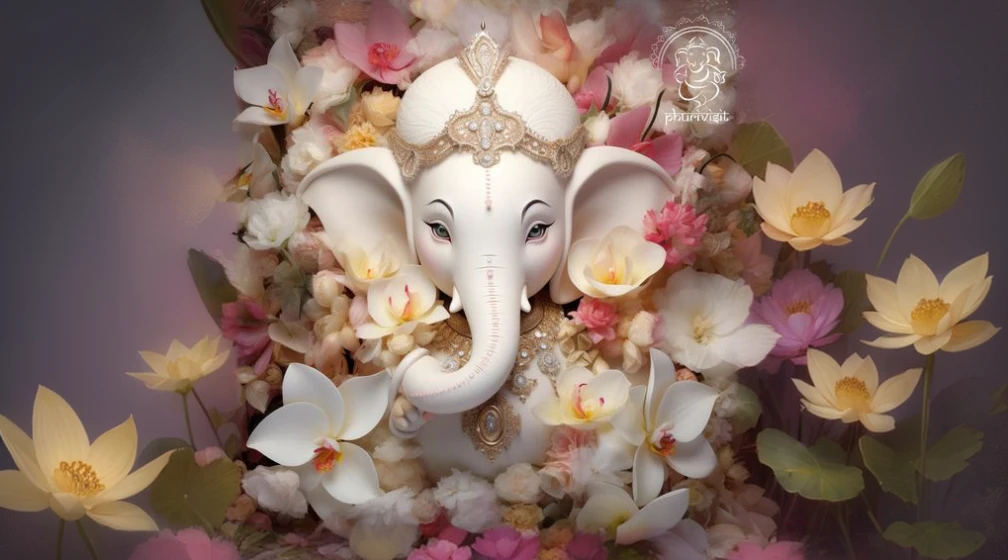 there is a white elephant statue surrounded by flowers and flowers, ganapati, ganesha, ganesh, vinayak, by derek zabrocki, beautiful design, beautiful image, very extremely beautiful, hindu aesthetic, beautiful!, 8k)), archan nair, aum, beautiful artwork, by Brian Thomas, with lotus flowers, wow, beutiful!, breath taking beautiful