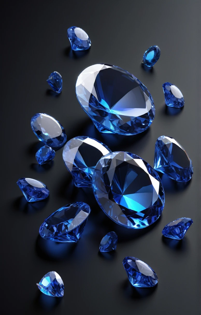 sapphires lie in a pile 3D icon on a black background, side view