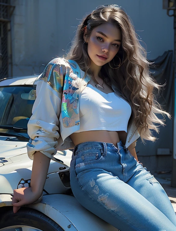 create a super beautiful photo of a semi chubby woman, wearing a beautiful floral holographic gold cropped top, an oversized white varsity jacket with a light blue ripped denim jeans, gorgeous legs, cinematic effect, extremely detailed, with intricate details, shinny, expensive, glorious, photorealistic, hyper realistic, glowing skin, gold holograpic shine effect on skin, HD quality, 8k, half body shot, long wavy hair, cyberpunk futuristic city background, leaning over an expensive car