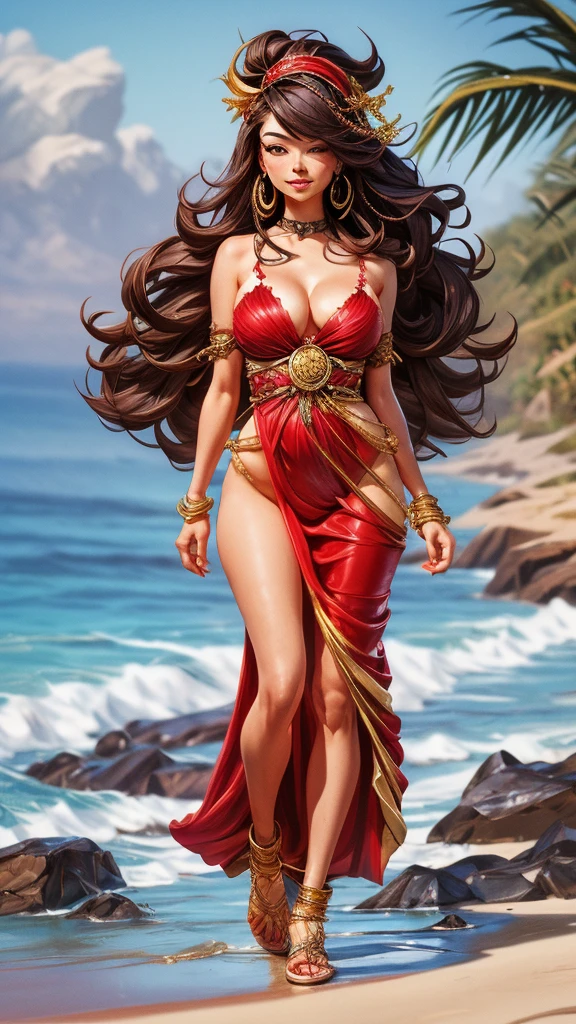 A stunning oil painting capturing the essence of the beach, featuring a bohemian woman with a voluptuous figure clad in a bold and vibrant red, gold. The dress features a plunging neckline, fashion, photo, portrait photography, ukiyo-e