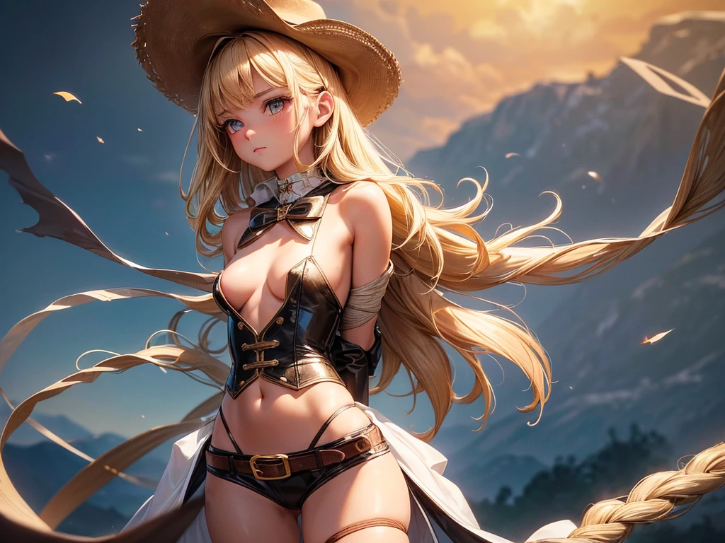 (((depcit very young girl))), (((elegant cowgirl))), (((top-quality, masterpiece))), (( lot of details)), sexy, blond hair, long hair, straight hair, (((bandage))), (((bound with ropes))), (((arms behind back))), cowboy hat, (wearing leather cowboy clothes), leather revolvers belt, open legs, spread legs, brown eyes, thin , ((small breasts)), nice hips, open shoulders, (sassy), (Masterpiece, Excellent, complex details), delicate girl, delicate face, pretty, sunny desert, a western atmosphere,