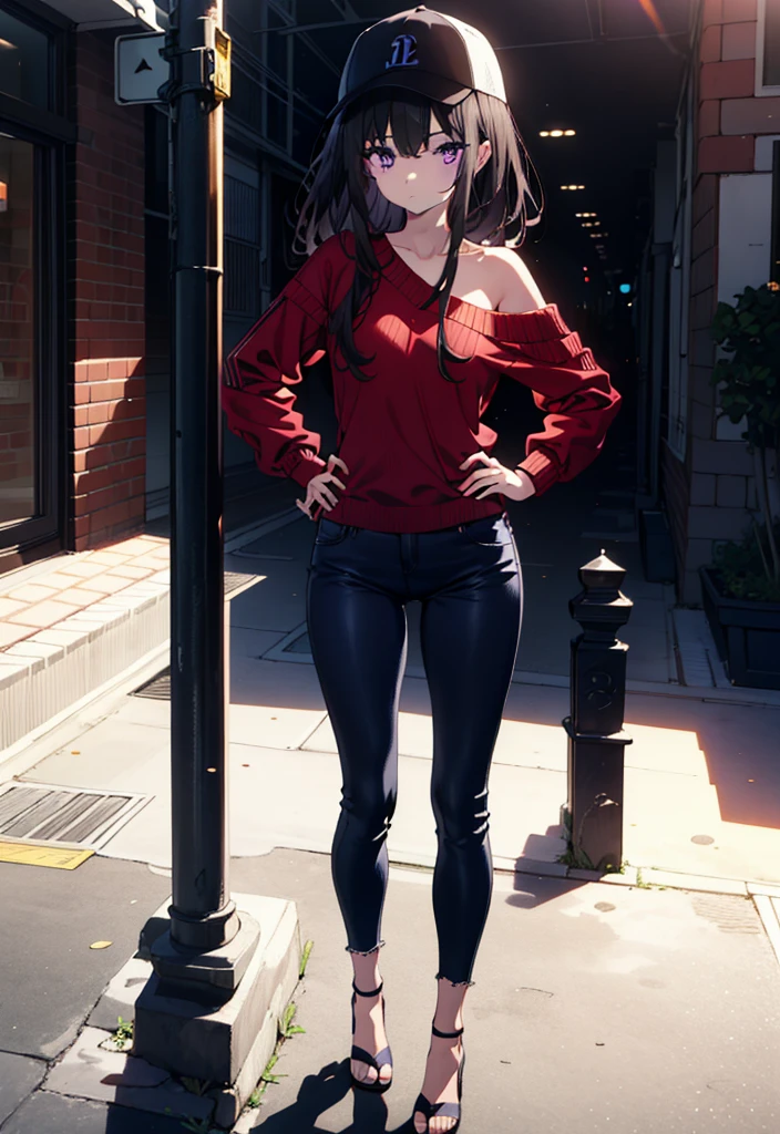 Takiuchikami, Long Hair, bangs, Black Hair, (Purple eyes:1.2),Baseball hats,Blue one-shoulder sweater,Skinny jeans,Stiletto heels,Place one hand on hip,Are standing,whole bodyがイラストに入るように,Daytime,
break outdoors, In town,
break looking at viewer, whole body,
break (masterpiece:1.2), Highest quality, High resolution, unity 8k wallpaper, (figure:0.8), (Beautiful attention to detail:1.6), Highly detailed face, Perfect lighting, Highly detailed CG, (Perfect hands, Perfect Anatomy),