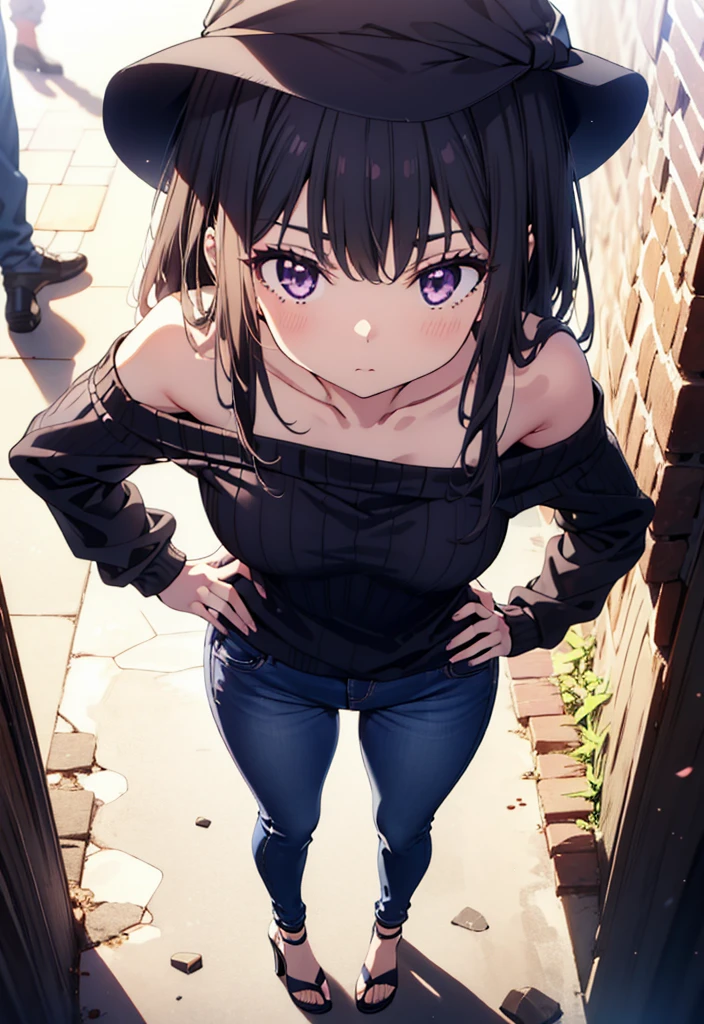 Takiuchikami, Long Hair, bangs, Black Hair, (Purple eyes:1.2),Baseball hats,Blue one-shoulder sweater,Skinny jeans,Stiletto heels,Place one hand on hip,Are standing,whole bodyがイラストに入るように,Daytime,
break outdoors, In town,
break looking at viewer, whole body,
break (masterpiece:1.2), Highest quality, High resolution, unity 8k wallpaper, (figure:0.8), (Beautiful attention to detail:1.6), Highly detailed face, Perfect lighting, Highly detailed CG, (Perfect hands, Perfect Anatomy),