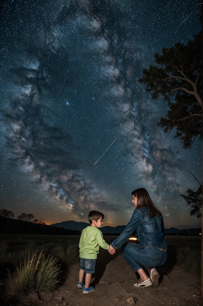 Mom finger at stars with son at night