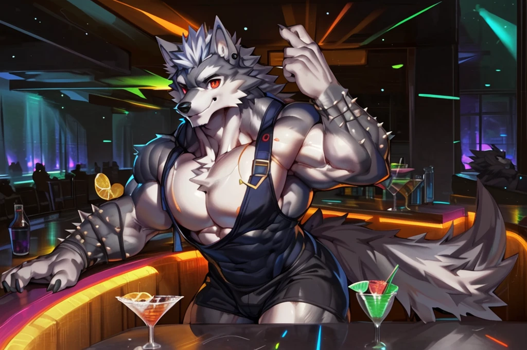 bartender making a drink at a bar , bartending, ((trending on E621, trending on Furaffinity digital media, trending on Artstation, trending on twitter , digital painting, digital media, digital paint, digital illustration, (((masterpiece))) BREAK ((by vorusuarts, by kuroma, by nullghost, by raccoon21,by rabbity,by booboo)) , BREAK ((((((anthro, anthrofield, wolf)))))) | break | handsomeface,((((((elderlyface)))))), age_up_face , (((wildface)))))))), ((((((((charming)))))))) BREAK (((((hypermuscle:1.4)))))))), (((detailed eyes,red_eyes:1.8))) | (((gray fur | finger claw | )))) | (((((((( gray hair | black eyebrow | short hair | black goatee hair | spiky_black_Ear_piercing))))))))) | BREAK (((((thick eyebrows))))) | BREAK (best quality | 8k | hi-res)) BREAK (((perfect face))) , BREAK ((((((cocktail_shaker)))))),((((((cocktail_shaking)))))),((((((nightclub_background)))) | BREAK ((Solo:1.8))