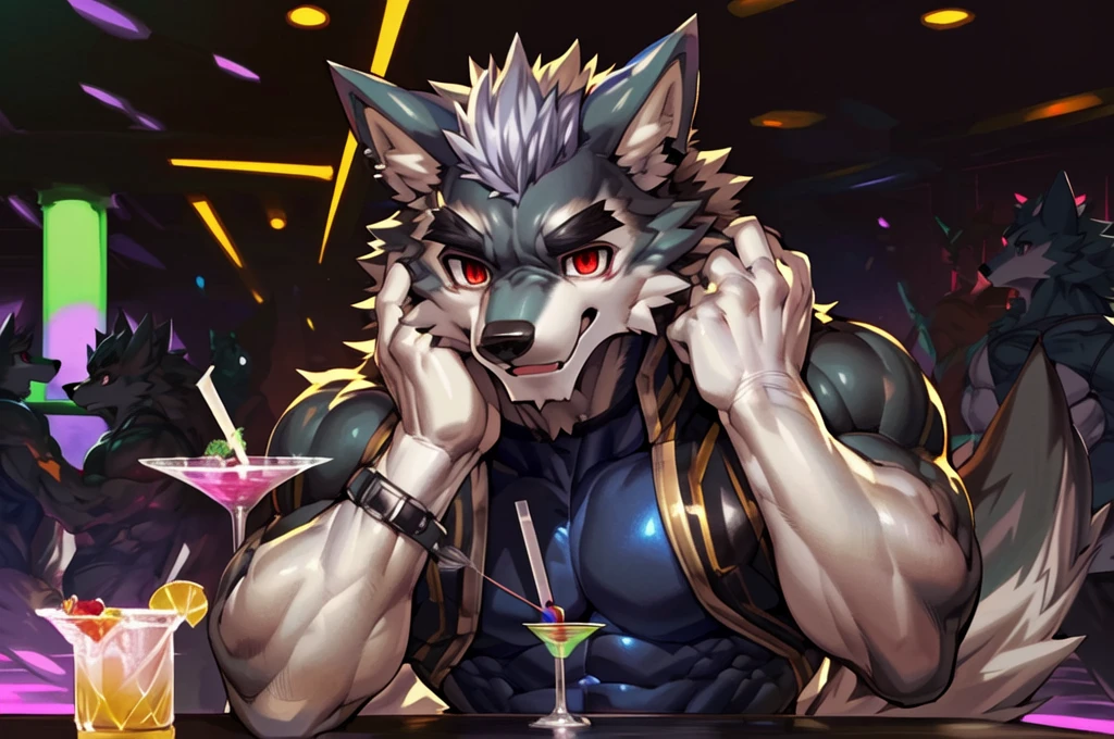 bartender making a drink at a bar , bartending, ((trending on E621, trending on Furaffinity digital media, trending on Artstation, trending on twitter , digital painting, digital media, digital paint, digital illustration, (((masterpiece))) BREAK ((by vorusuarts, by kuroma, by nullghost, by raccoon21,by rabbity,by booboo)) , BREAK ((((((anthro, anthrofield, wolf)))))) | break | handsomeface,((((((elderlyface)))))), age_up_face , (((wildface)))))))), ((((((((charming)))))))) BREAK (((((hypermuscle:1.4)))))))), (((detailed eyes,red_eyes:1.8))) | (((gray fur | finger claw | )))) | (((((((( gray hair | black eyebrow | short hair | black goatee hair | spiky_black_Ear_piercing))))))))) | BREAK (((((thick eyebrows))))) | BREAK (best quality | 8k | hi-res)) BREAK (((perfect face))) , BREAK ((((((cocktail_shaker)))))),((((((cocktail_shaking)))))),((((((nightclub_background)))) | BREAK ((Solo:1.8))